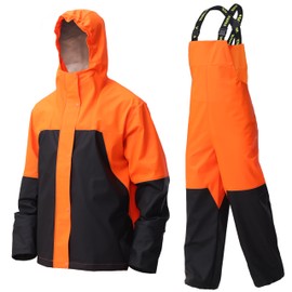 Men's PRO Workwear 3-Piece Waterproof Rain Jacket & Bib Pants Set - Heavy Duty PU Eco-Friendly 2-Tone Functional Design (Vibrant Orange-Black,Large)