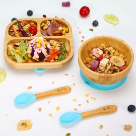 Vinsani Bamboo Bowl, Square Plate and Spoon Set for Baby/Toddler, Suction Plate, Stay-Put Design, Hypoallergenic and BPA-Free (Pink)