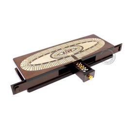 House of Cribbage - Continuous Cribbage Board  Box Inlaid in Wenge Wood  Maple  4 Track - Sliding Lids, Drawer  Metal Pegs with Score Marking Fields  