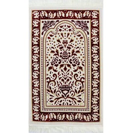 Janamaz Prayer Rug with Free Cap + MISWAK - Plush Velvet Namaz Seccade Turkish Prayer Mat Carpet Design (Red / White)