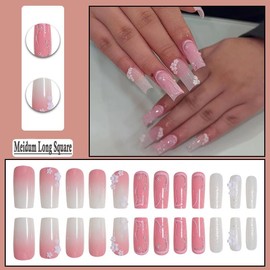 DOCVOEOMH Ombre Pink White Press on Nails Medium Long Square Acrylic Fake Nails with 3D Flower Pearls Design Glue on Glossy Full Cover Artificial Gel False Stick on Nail for Girls Women Wedding 24Pcs