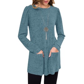 WNEEDU Long Sleeve Shirts for Women Long Tunic Tops with Legging Light Sweaters Dress with Pockets 2025 Blue L