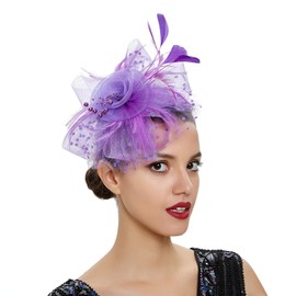 Losuya Flower Feather Fascinator Hat Net Veil Headband for Royal Ascot Races, Bridal Shower, Cocktail Tea Party Decoration (Purple)