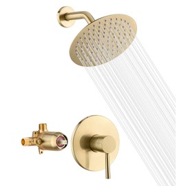 sumerain Shower Faucet Set Brushed Gold, Anti-scald Pressure Balance Valve, 8 Inches Extra-thin Rain Shower Head, with Non-return Check Valves