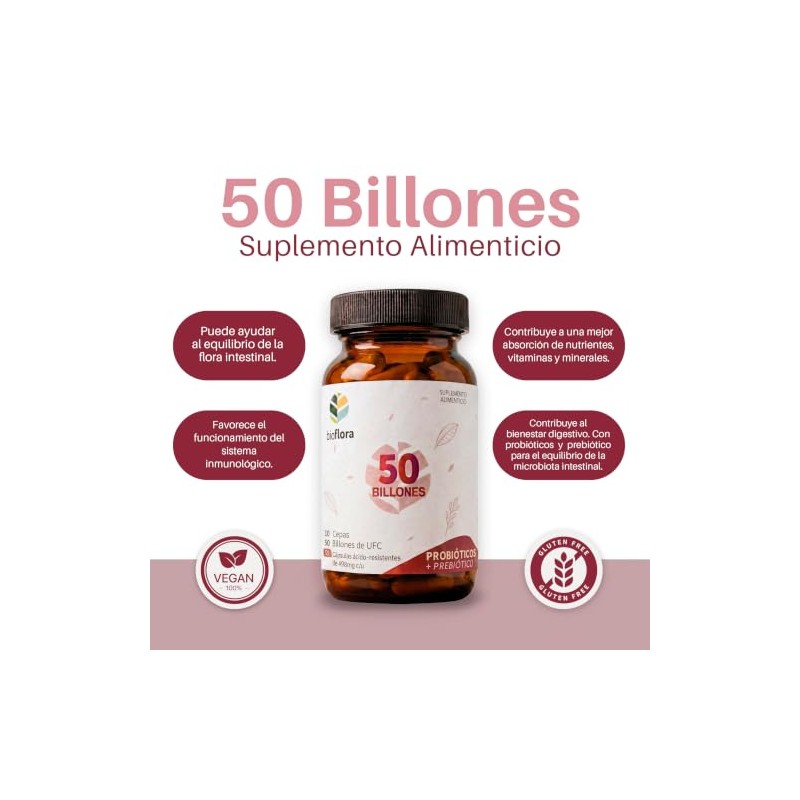Probióticos y Prebióticos Simbióticos 50 Billones UFC, 10 Cepas BIOFLORA