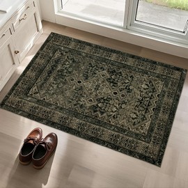 Luxcrest Vintage Washable 2x3 Rug: Indoor Small Area Rugs for Entryway Non Slip - Soft Thin Stain Resistant Carpet for Bedroom - Dark Green