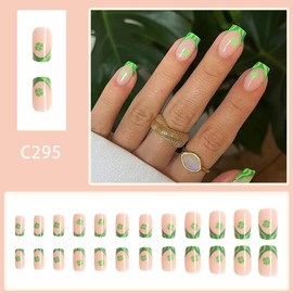 St Patrick's Day Press on Nails Four-leaf Clover Short Square French Tip with Shamrock Design Glossy Acrylic False Nails Almond Stick on Nails St Patrick's Day Glue on Nails for Women Manicure 24Pcs