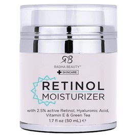 Radha Belleza Crema Retinol Humectante para cara y ojo zona 1,7 oz – con Retinol, ácido hialurónico, Vitamina E y té verde. Día y Noche Hidratante Cre