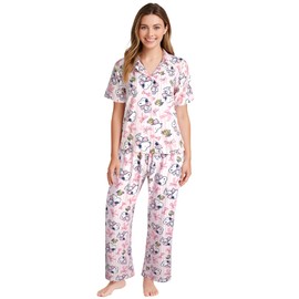 COCO BRANDS Womens Pajama Sets - 2 Piece Peanuts Snoopy Button Down Sleep Shirt and Womens Pajama Bottoms Sleepwear (S-XL), Size Medium, Pink Stripes Snoopy Bows Print