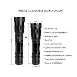 NAVIGATOR 1174 Portable Ultra Bright Handheld LED Flashlight with Adjustable Focus and 5 Light Modes, Outdoor Water Resistant Torch, Powered Tactical Flashlight for Camping Hiking etc Battery Included