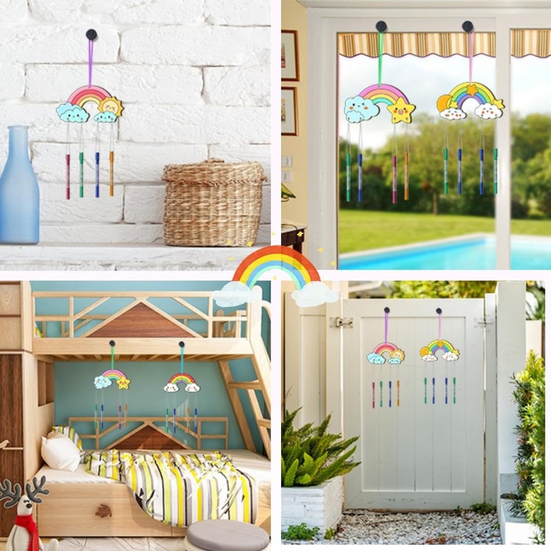 CYCLYTE Wind Chime Craft Set Children, 12 Pieces Rainbow Wooden