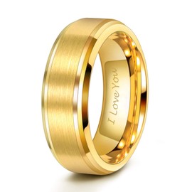 TRUMIUM 8MM Mens Gold Ring Tungsten Wedding Band Engraved I Love You Brushed Matte Comfort Fit Size 12.5