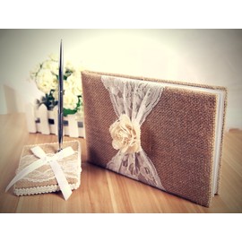 BETTERLINE Rustic Wedding Guest Book Made of Burlap and Lace - Includes Matching Pen Holder and Silver Pen - 120 Lined Pages for Guest Thoughts - Comes in Gift Box (White Rose)
