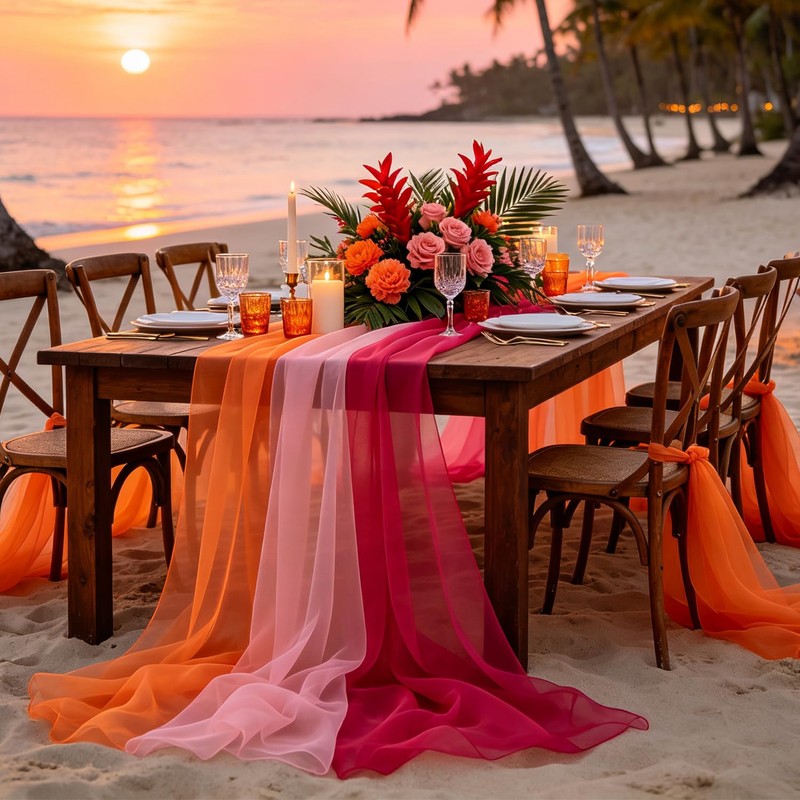 Pink Orange Party Decoration Table Runner, 3 Pack Boho Chiffon
