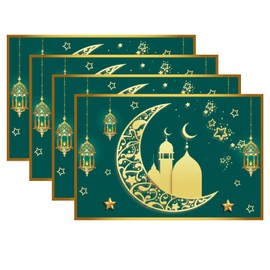 4PCS Ramadan Kareem Placemat Green, Eid Mubarak Gold Moon Star Mosque Place Mats, Washable Linen Dining Table Place Mats for Islamic Muslim Iftar Party Kitchen Table Home Decoration,12x18