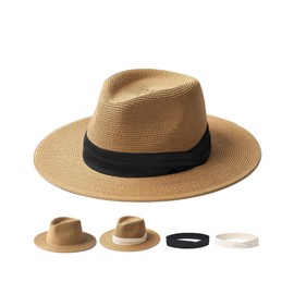FURTALK Panama Hat Sun Hats for Women Men Wide Brim Fedora Straw Beach Hat UV UPF 80+