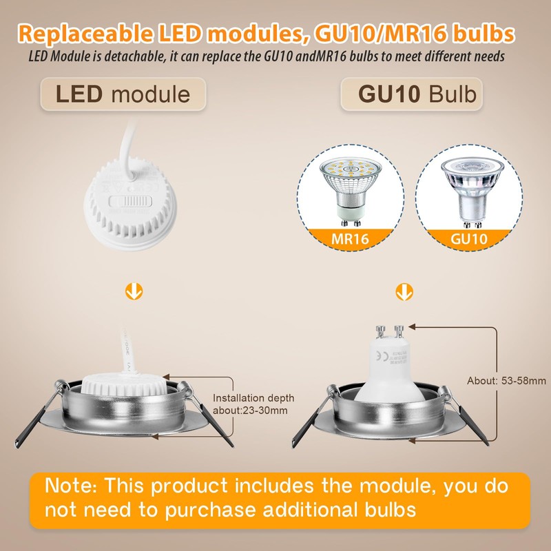 GeyouLux IP44 LED Downlights Dimmable Nickel 3000K 6 Pack