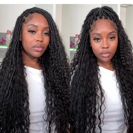 Crochet Boho Faux Locs with Human Hair Curls Pre-looped Goddess Crochet Locs Curly Ends Human Hair Soft Dreadlocks Braiding Hair for Black Women Natural Color 18Inch 24Locs