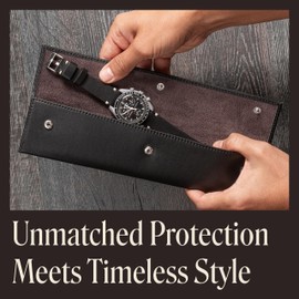 QWATCHBANDS Watch Sleeve Pouch - Full Grain Napa Leather Travel Watch Case with Velvet Interior - Watch Storage Holds Luxury Watches Flat - Watch Gifts and Accessories (Black/Charcoal Gray)