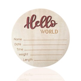 Baby Announcement Sign, ​5.9 Inch Wooden Hello World Newborn Signs, Birth Announcement Sign, Baby Shower Hospital Nursery for Newborn Boys and Girls (Tea Red)