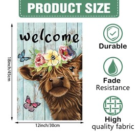 DMERBYL Welcome Spring Highland Cow Garden Flag 12x18 Double Sided Burlap, Rustic Farmhouse Scottish Highland Cow with Flower Garden Yard Flags Sign Small for Outdoor Outside Decoration (Only Flag)