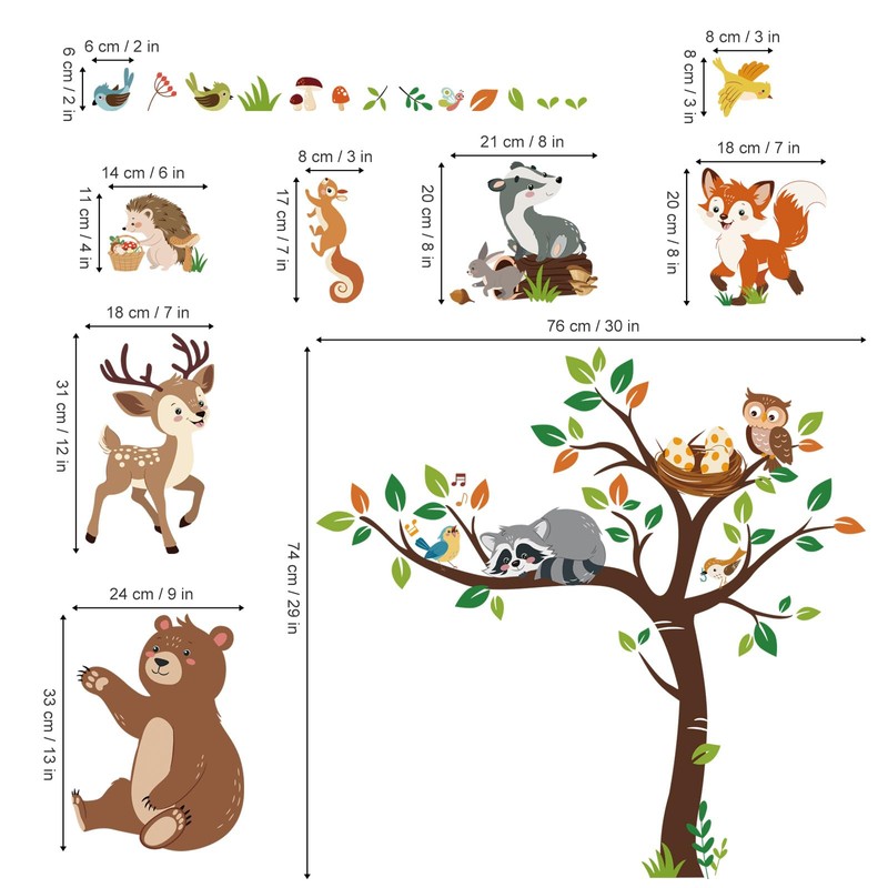 decalmile Wall Sticker Forest Animals Tree Wall Sticker Bear Deer