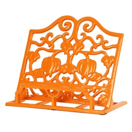 MINLUFUL Vintage Cookbook Stand, Robust Wrought Cast Iron Recipe Book Holder for Kitchen Counter, Large Metal Cook Book Stand with Pumpkin Design, Orange