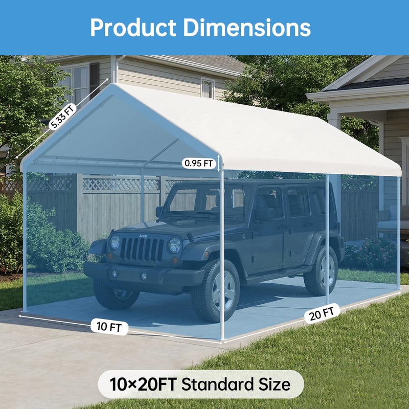 Birodeko Carport Canopy Replacement Cover, 180G Heavy-Duty PE Fabric Garage