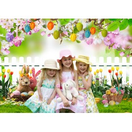 Dudaacvt 10x8ft Easter Backdrop Spring Easter Garden Photography Backdrop Green Grass Lawn Rabbit Colorful Eggs Wood Fence Background Easter Party Decorations Banner D624