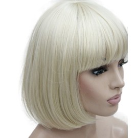 Lydell 8" Straight Short Bob Hair Flat Bangs Cute Central Dot Skin Top Heat Resistant Synthetic Wigs Pale Blonde