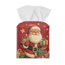 Eheartsgir Christmas Santa Claus Tissue Box Cover PU Leather Square Tissue Holder Tissue Organizer with Bottom Strap for Bathroom Kitchen Home Night Stand Tabletop Christmas Decor