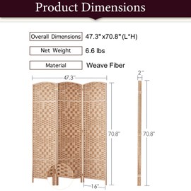 Rose Home Fashion 6 ft Tall Room Divider, Room Dividers and Folding Privacy Screens, 15.7in Privacy Screen 3 Panel Partition Temporary Wall Separation for Private, Natural