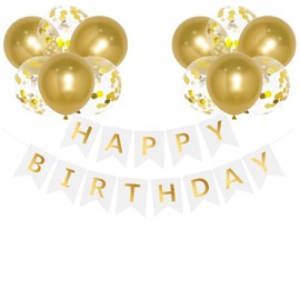 Happy Birthday Banners White Gold Birthday Banner Bunting + 12pcs 12” Latex Balloons Women’s Birthday Decorations Supplies for Girls