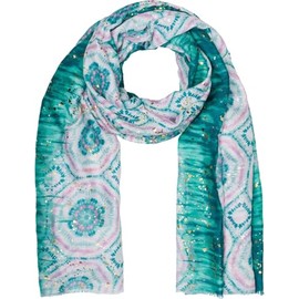 styleBREAKER 01016230 Women's Scarf Batik Pattern with Metallic Stripes, Lightweight Boho Style Scarf with Short Fringes, Aqua Green-Pink