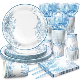 Yungyan Blue Floral Paper Plates and Napkins Sets Floral Party Supplies for 24 Guest Flower Disposable Paper Dinner Plates Napkins Cups Forks for Birthday Baby Shower Wedding Tea Party Decorations