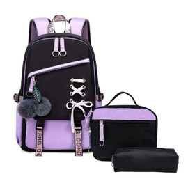 School Backpack for Girls Color-block School Bag with Lunch Box Pencil Case Set 3PCS Girls Backpack for School Kids Bookbag