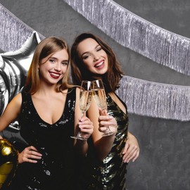 C＆B Silver Fringe Banner for Party Decorations,6 Ft Hanging Fringe Tinsel Garland,Metallic Foil Silver Streamer Photo Backdrop for The 70s & 80s Last Disco Ball Bachelorette Party, 21st Birthday Decor