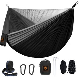 Camping Hammock, Portable Hammocks with Mosquito Net,Lightweight Nylon Parachute Hammock with 10ft Tree Straps,Camping Gear Must Haves for Travel Hiking Backpacking Beach Patio-Black&Grey