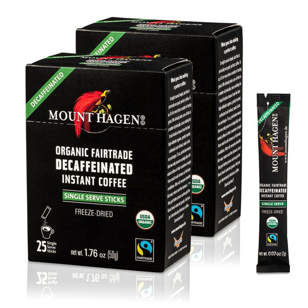 Mount Hagen 25 Count Single Serve Instant Decaf Coffee Packets - 2 Pack | Decaffeinated Organic Medium Roast Arabica Beans | Eco-Friendly, Fair-Trade [2 x 25 Sticks/1.76oz/50g]