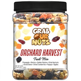 Grab Our Nuts Orchard Harvest Trail Mix 40 Ounce Jar: Pineapple, Raisins, Golden Raisins, Dried Apricots, Diced Dates, Dried Cranberries, Papaya, Apples