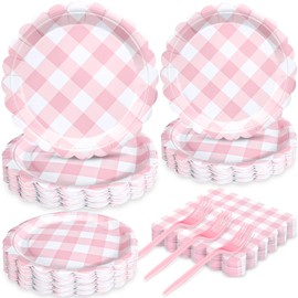 JCTHKUKU 96 Pcs Pink Scalloped Gingham Party Supplies for 24 Guests, Pink and White Checkered Paper Plates, Plates and Napkins Sets for Baby & Bridal Shower, Wedding, Birthday Party, Outdoor Picnic