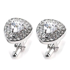 Luxury White Crystal White Rhinestones Heart Cufflinks for Women Shirt, Ltvystore Jewelry Trendy Geometric Cuff Links Buttons with Box