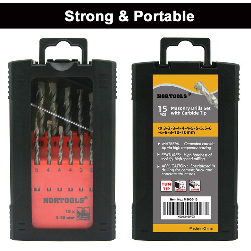 NORTOOLS Masonry Drill Bits 15 PCS Concrete Drill Bit Sets