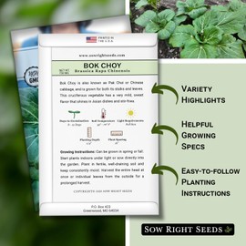 Sow Right Seeds - Bok Choy Seeds for Planting - Pak Choi or Chinese Cabbage - Non-GMO Heirloom Variety - Fresh Asian Greens in Your Home Vegetable Garden - Grow Outdoors or Indoors in Hydroponics (1)