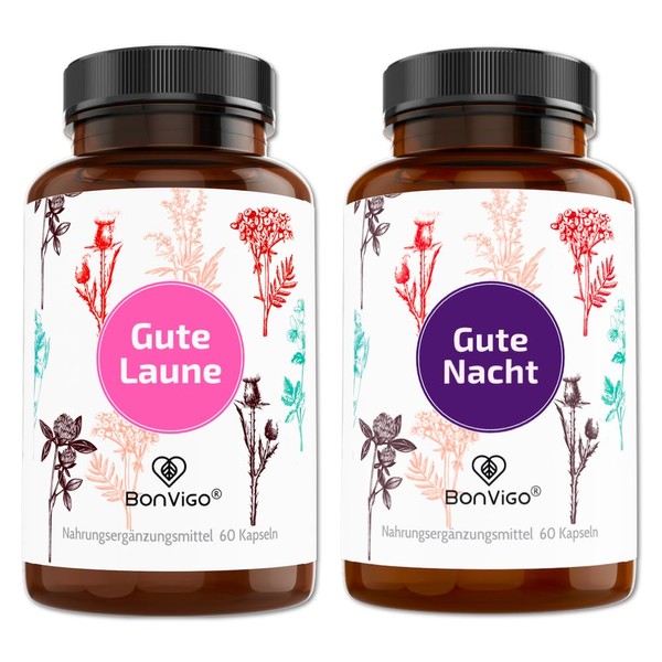 BonVigo® Good Mood & Good Night - Lavender, Passion Flower, Melissa - Soothing & Mood: Vit. B12 Supports Normal Psyche, Nervous and Immune System, B2 Metabolism Neurotransmitter (1)