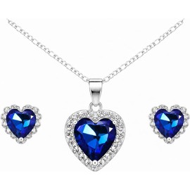 Conjunto de Collar, Dije y Aretes Plata 925 Corazón Azul con Cristales Incluye Cadena Igual de Plata