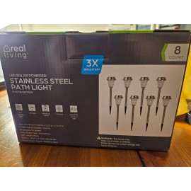 Real Living LED Solar Powered Stainless Steel Path Light Rechargeable 8 count
