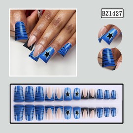 Press on Nails Duck Shaped Glossy Full Cover Medium Acrylic Duck Blue French False Nails with Star Line Designs Artificial Duck Fake Nails with Charms Glue ons Nails Stick on Fingernails for Women
