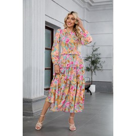 ZAFUL Fall Wedding Guest Dresses Floral Midi Dresses Long Sleeve Smokced Ruffle Tiered Boho Floral Dress(Pink Green,M)