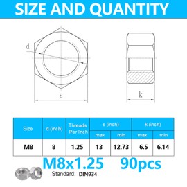 90pcs M8-1.25 Hex Nuts, 304(A2-70) Stainless Steel Hardware Nuts,Standard Metric Hex Machine Screw Nut